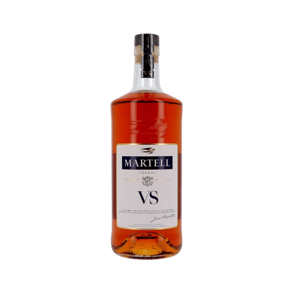 Bottle of Martell VS cognac with amber liquid and label on white background