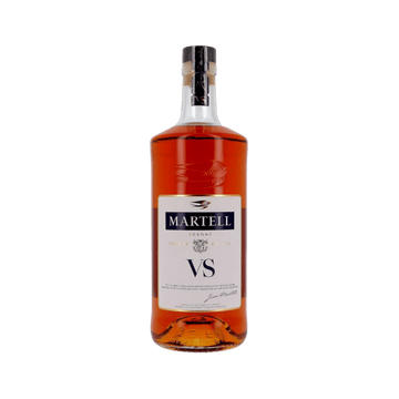 Bottle of Martell VS cognac with amber liquid and label on white background
