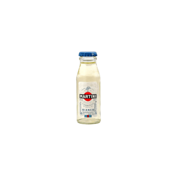 Small clear bottle of Martini Bianco vermouth with blue cap on white background