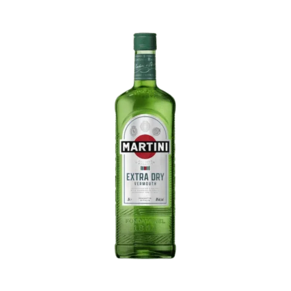 Green bottle of Martini Extra Dry Vermouth with white label on plain background