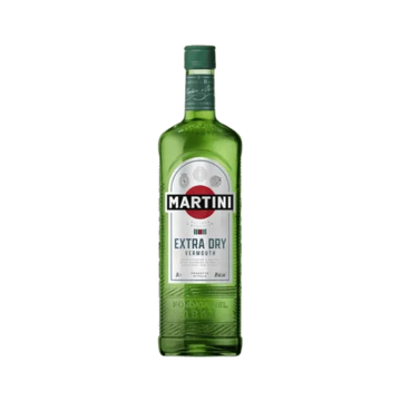 Green bottle of Martini Extra Dry Vermouth with white label on plain background