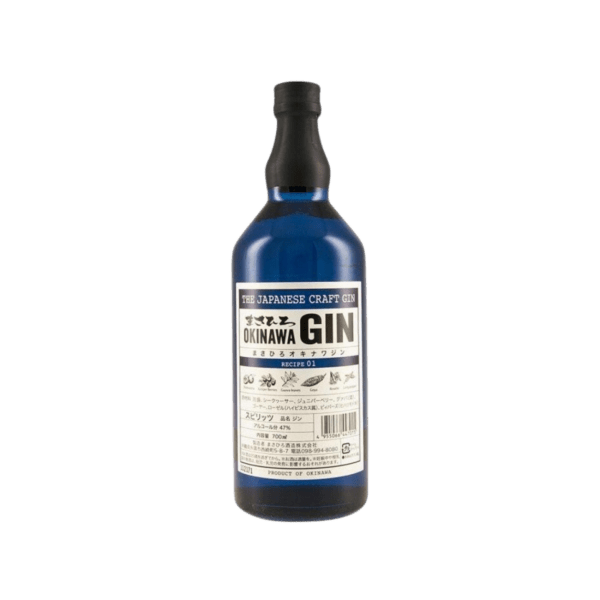 Blue bottle of The Japanese Craft Gin Okinawa with black cap and detailed label