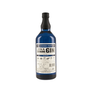 Blue bottle of The Japanese Craft Gin Okinawa with black cap and detailed label