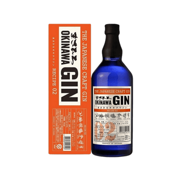 Blue bottle of Okinawa Japanese craft gin with orange and white label alongside matching orange box