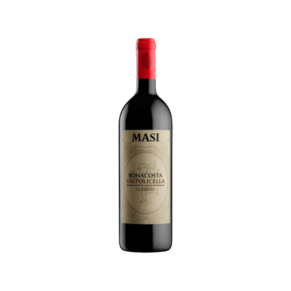 Bottle of Masi Bonacosta Valpolicella Classico red wine with red foil and beige label