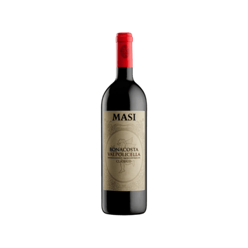 Bottle of Masi Bonacosta Valpolicella Classico red wine with red foil and beige label