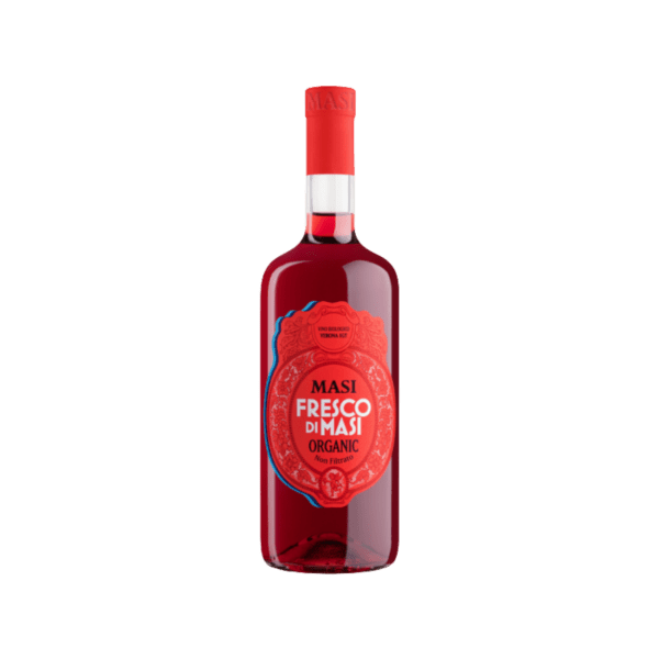 Bottle of Masi Fresco di Masi Organic red wine with vibrant red label and cap
