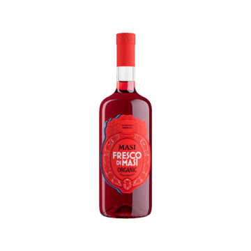 Bottle of Masi Fresco di Masi Organic red wine with vibrant red label and cap