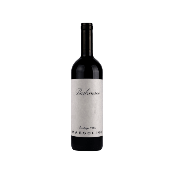 Massolino Barbaresco red wine bottle with white label on transparent background