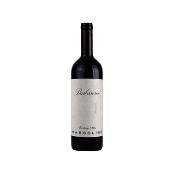 Massolino Barbaresco red wine bottle with white label on transparent background