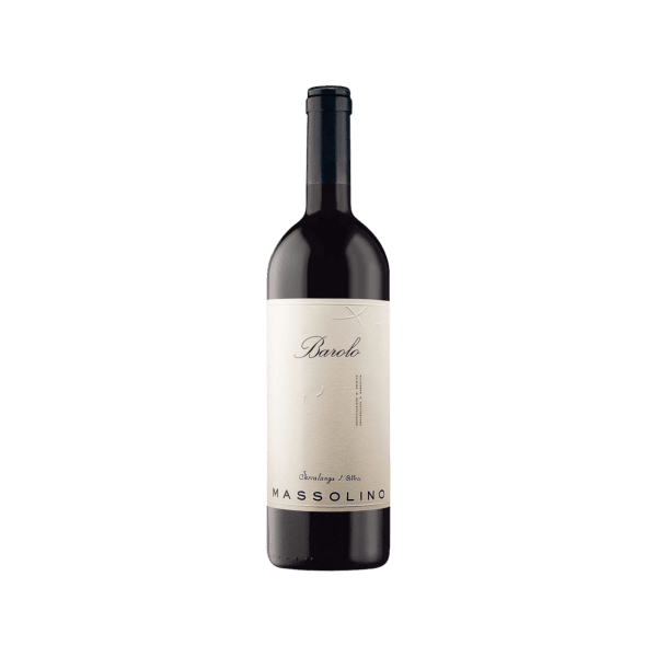 Barolo Massolino red wine bottle with minimalist beige label on white background