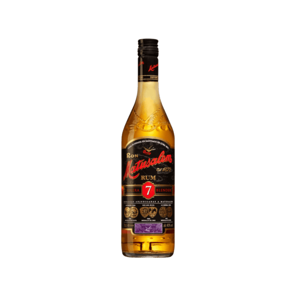 Matusalem 7 Solera blended premium rum bottle with black and gold label on white background