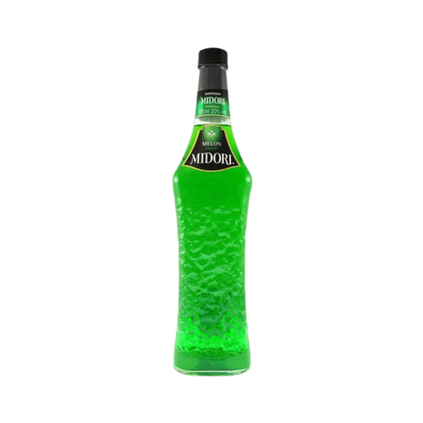 Midori melon liqueur bottle with vibrant green color on transparent background