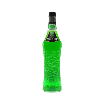 Midori melon liqueur bottle with vibrant green color on transparent background