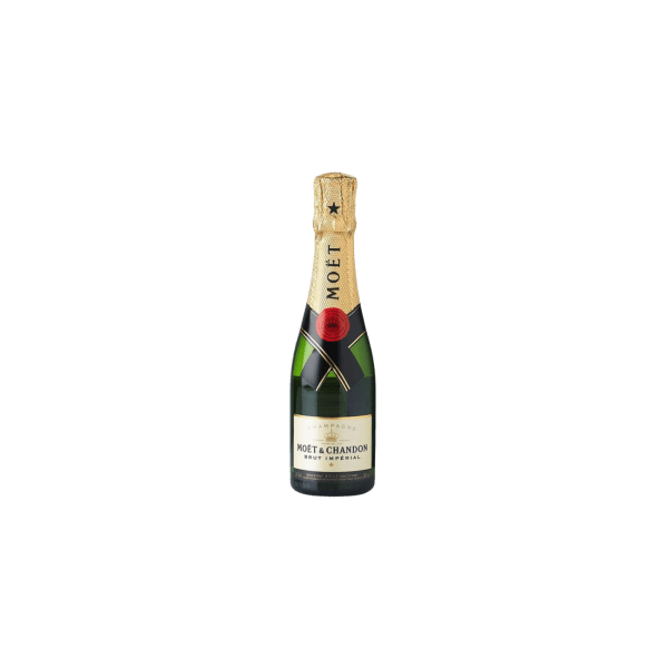 Mini bottle of premium champagne with gold foil and elegant label on white background
