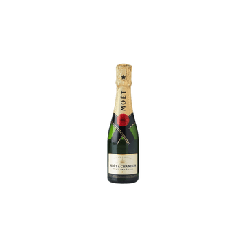 Mini bottle of premium champagne with gold foil and elegant label on white background