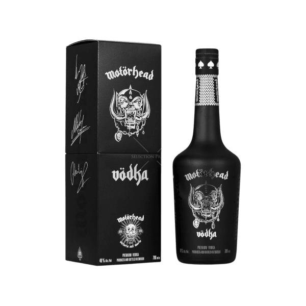 Matte black Motorhead vodka bottle and box with iconic Warpig logo and band signatures