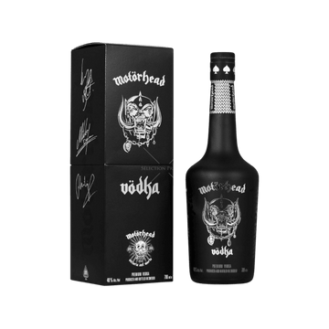 Matte black Motorhead vodka bottle and box with iconic Warpig logo and band signatures