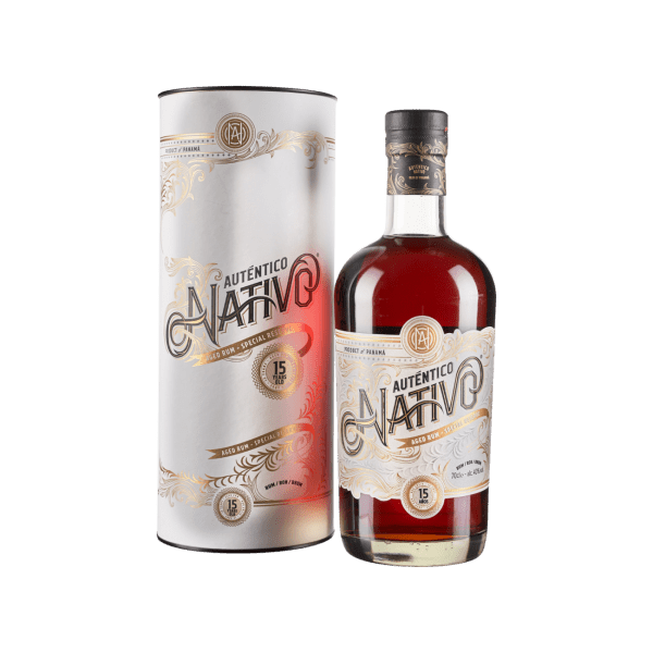 Bottle and cylindrical box of Auténtico Nativo 15-year aged rum with ornate gold and white label design