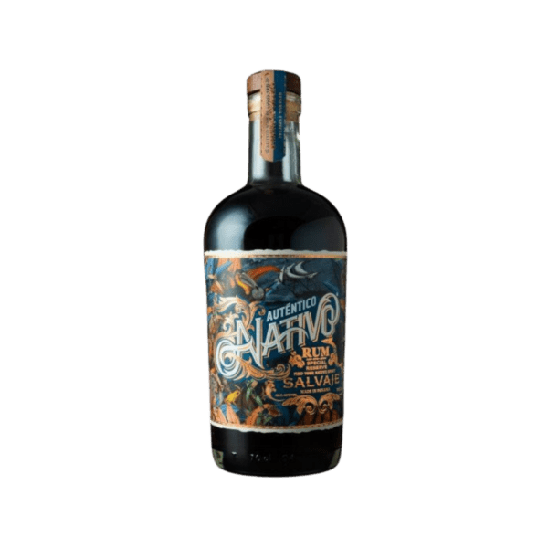 Auténtico Nativo Salvaje dark rum bottle with detailed blue and orange label design