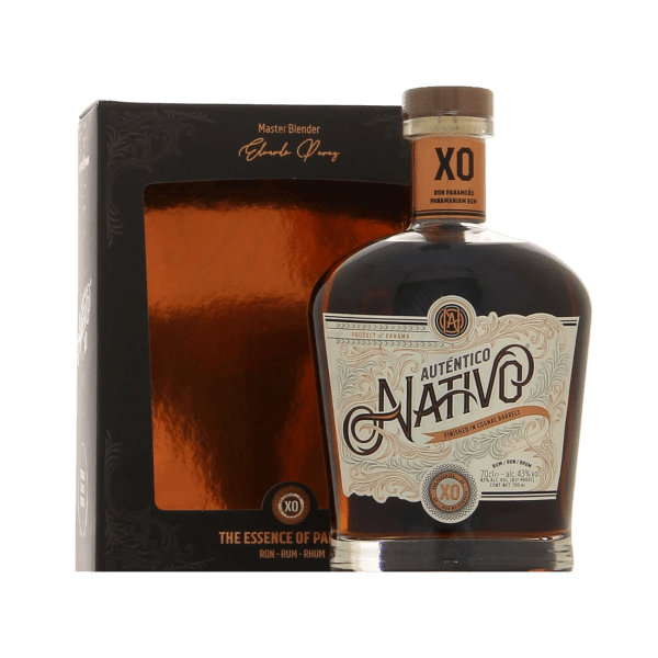 Bottle of Auténtico Nativo XO Panamanian rum with decorative label and black-orange gift box