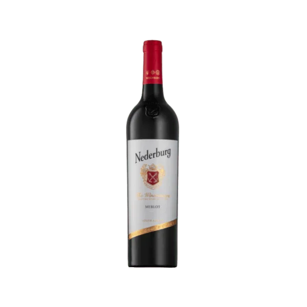 Nederburg Merlot red wine bottle with red cap and gold-accented label on white background