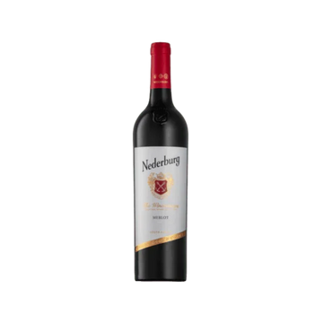 Nederburg Merlot red wine bottle with red cap and gold-accented label on white background