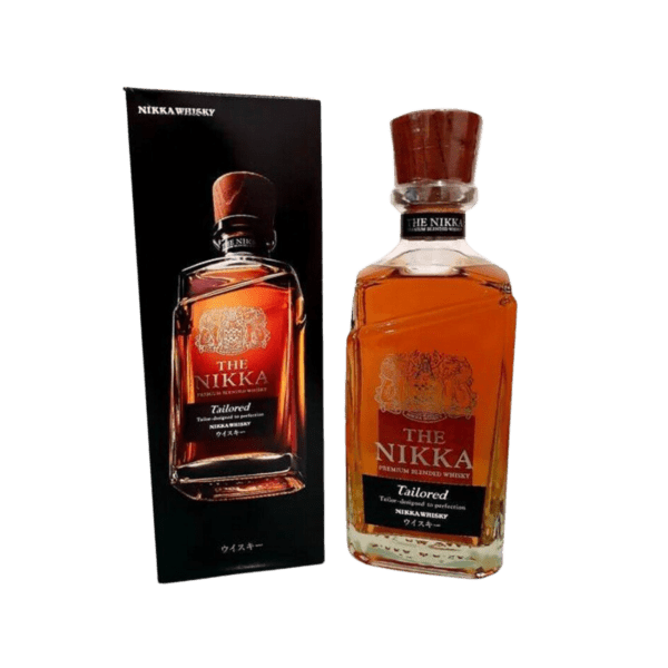 The Nikka Tailored premium blended whisky bottle with box, amber spirit, wood cork.