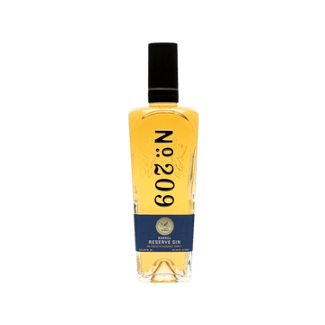 Bottle of No. 209 Barrel Reserve Gin with amber liquid and black cap on white background