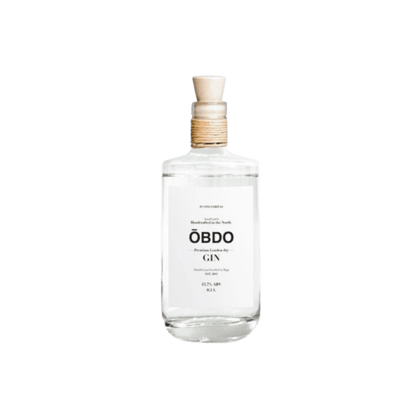 Clear bottle of OBODO premium London dry gin with natural cork stopper and minimal white label