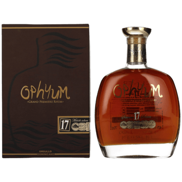 Ophyum 17-year-old rum bottle and box with premium gold accents