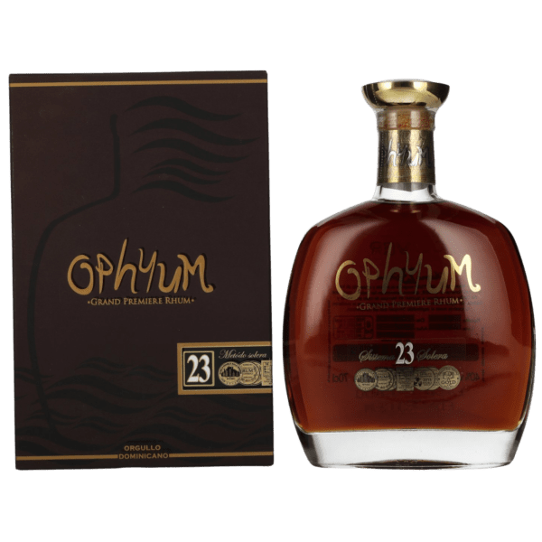 Ophyum 23 Solera premium rum bottle and gift box, dark packaging, gold accents