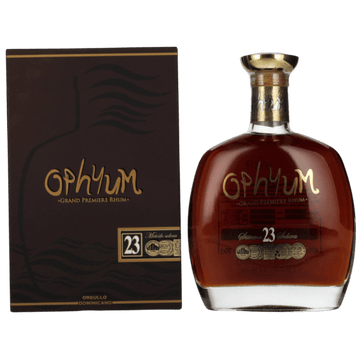 Ophyum 23 Solera premium rum bottle and gift box, dark packaging, gold accents