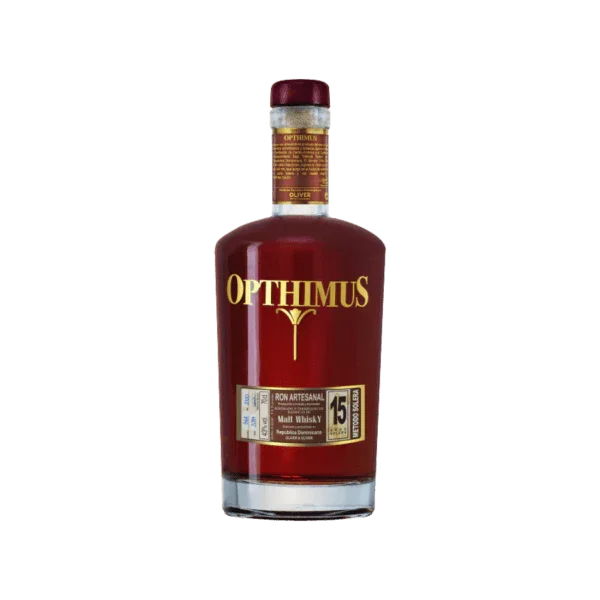 Opthimus 15-year-old premium rum bottle with gold label on a clear background