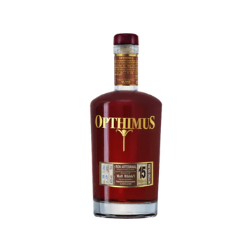 Opthimus 15-year-old premium rum bottle with gold label on a clear background