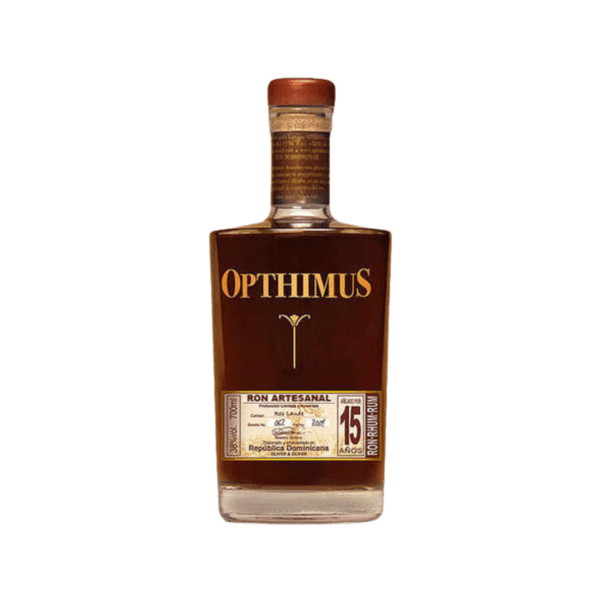 Opthimus 15 year aged Dominican premium rum bottle, artisanal label, clear background