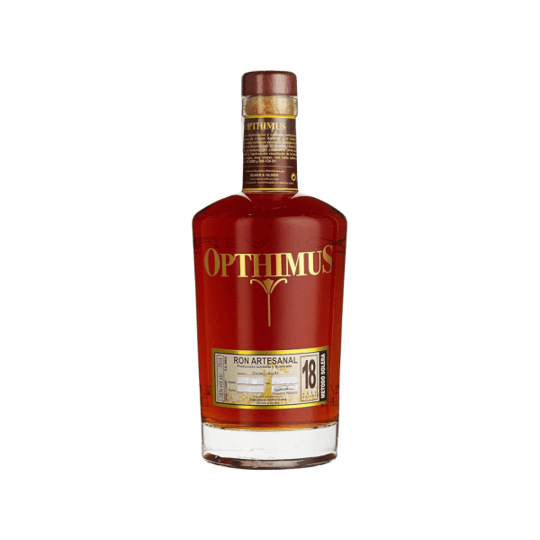 Opthimus 18 Ron Artesanal aged rum bottle with gold label on white background