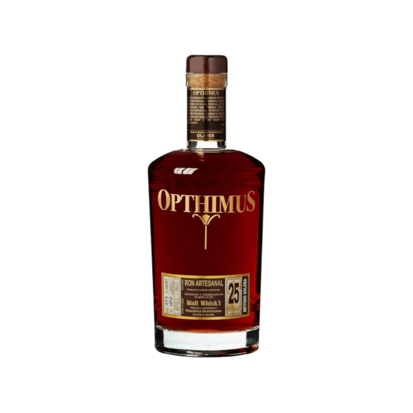 Opthimus 25-year aged rum bottle with dark amber liquid and gold label
