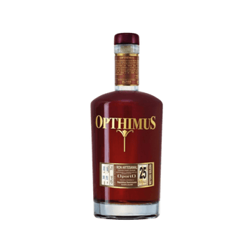 Opthimus 25-year-old premium rum bottle with gold label on clear background