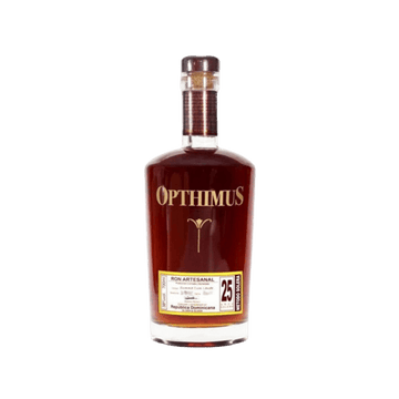 Opthimus 25 year old rum bottle with gold label and dark premium liquor