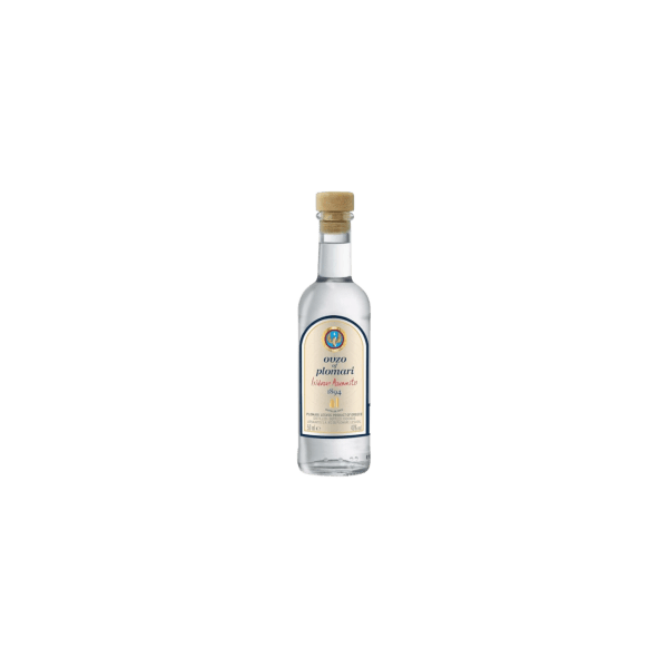 Clear glass bottle of Ouzo Plomari with beige label and wooden cap on a white background