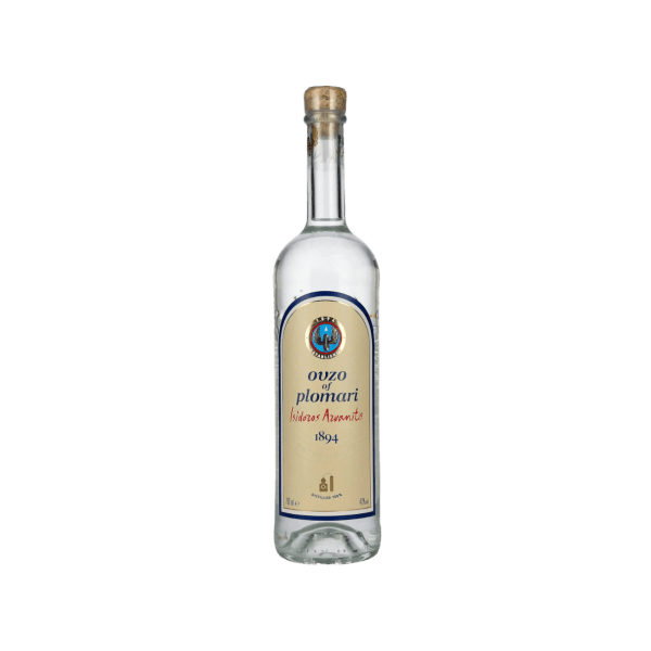 Ouzo of Plomari 1894 Greek anise liqueur bottle with beige label on white background