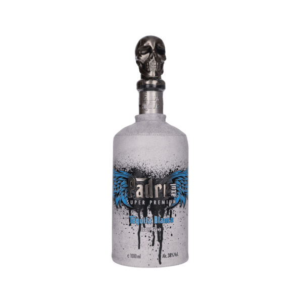 Padre Azul Super Premium Tequila Blanco bottle with skull-shaped cap and blue wing design