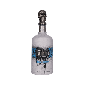 Padre Azul Super Premium Tequila Blanco bottle with skull-shaped cap and blue wing design