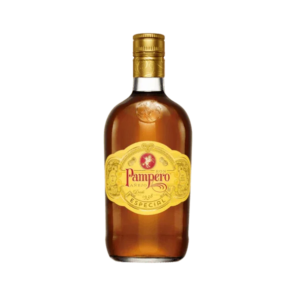 Pampero Especial aged rum bottle with gold label on isolated background