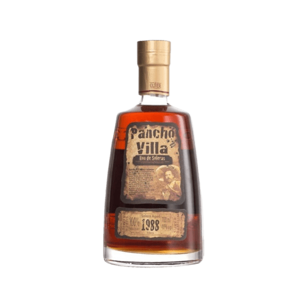 Pancho Villa Ron de Soleras aged 1988 dark amber rum bottle with vintage label and gold cap