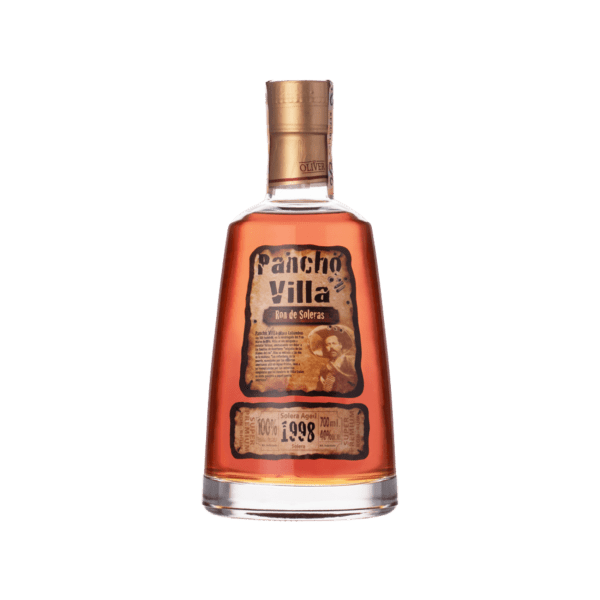 Pancho Villa Ron de Soleras premium rum bottle with gold cap and vintage label, isolated on white