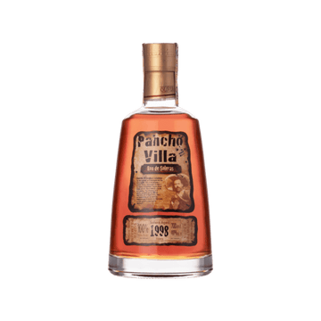Pancho Villa Ron de Soleras premium rum bottle with gold cap and vintage label, isolated on white