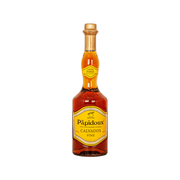 Pâpidoux Calvados Fine apple brandy bottle with golden amber liquid and yellow label