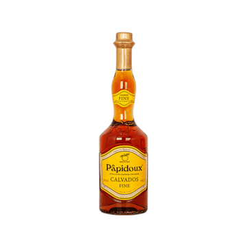 Pâpidoux Calvados Fine apple brandy bottle with golden amber liquid and yellow label
